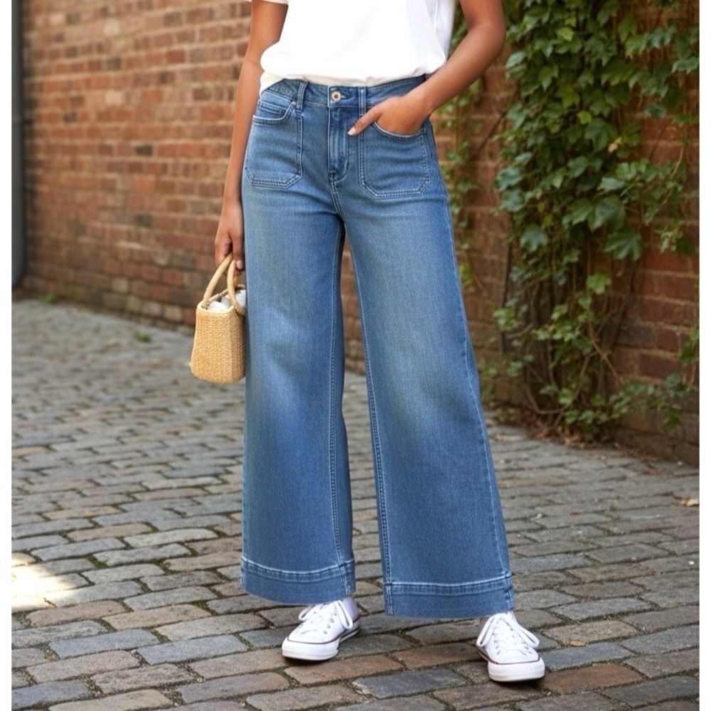 Faherty Stretch Terry Patch Pocket Wide Leg Jeans Size 26x27 East Shore Wash